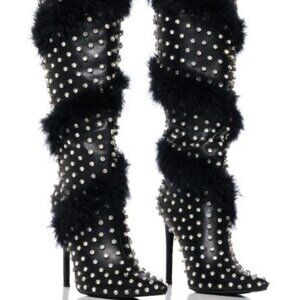 AZALEA WANG " FANCY PHENOM " FEATHER EMBELLISHED BOOT IN BLACK(BRAND NEW!!!!!!!!